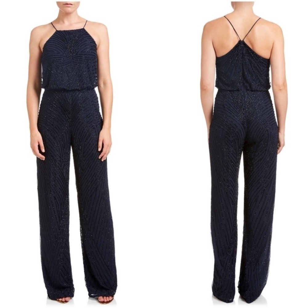 Adrianna Papell Navy Blue Gunmetal Sleeveless Halter Beaded Blouson Jumpsuit